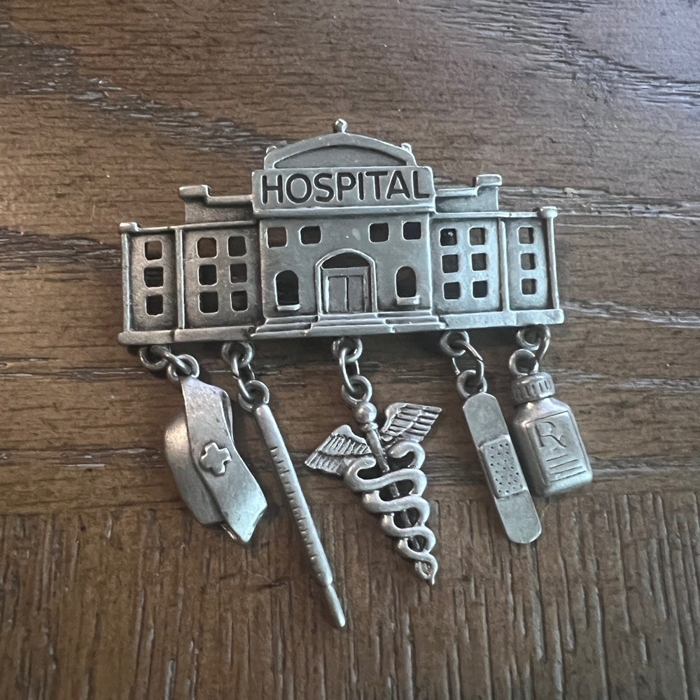 Vintage Silver tone Hospital Nurse Brooch signed JJ